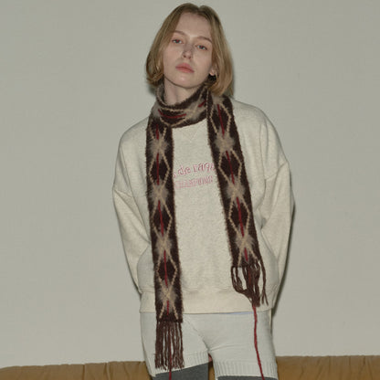 Hand-Knitted Diamond Pattern Narrow Scarf for Women