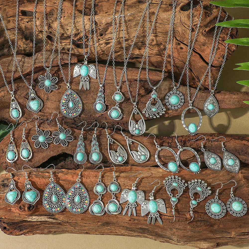 Bohemian Turquoise Long Drop Earrings Jewelry Set