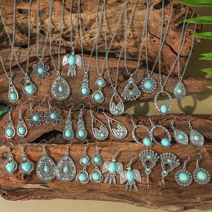Bohemian Turquoise Long Drop Earrings Jewelry Set