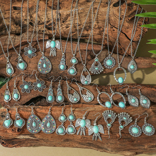 Bohemian Turquoise Long Drop Earrings Jewelry Set