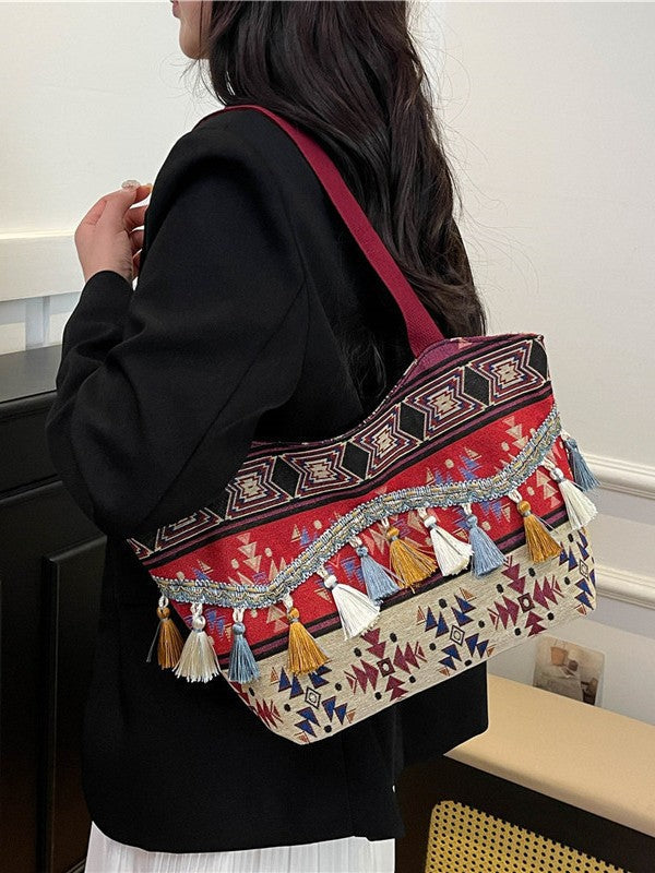 Trendy Ethnic Style Fringe Tote Bag