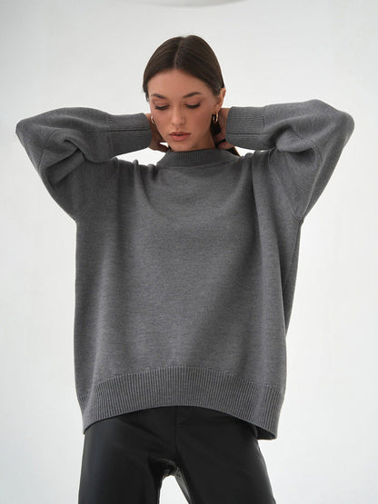 Classic Round Neck Sweater Solid Color Knit Top Casual Elegance
