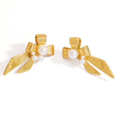 Fashionable Butterfly Bow Stainless Steel Earrings with 18K Gold Plating