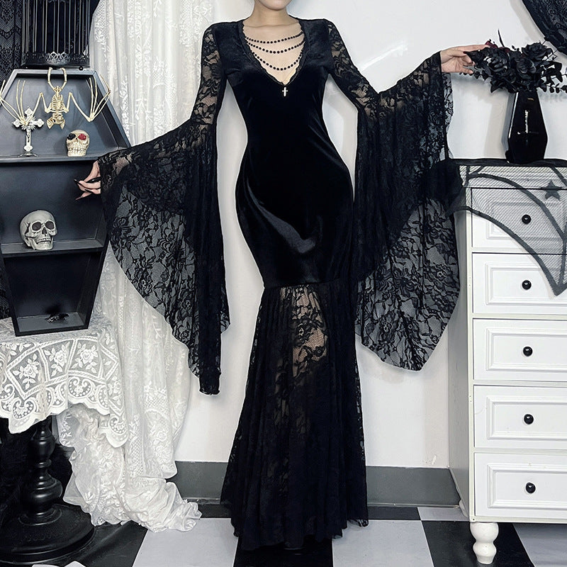 Elegant V Neck Velvet Dress With Lace Detail