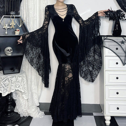 Elegant V Neck Velvet Dress With Lace Detail