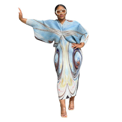 Fashion Batwing Sleeve Printed V-Neck Dress