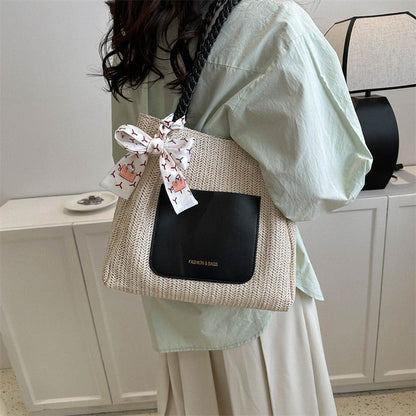 Woven Straw Tote Bag Stylish Casual Large Capacity Shoulder Bag