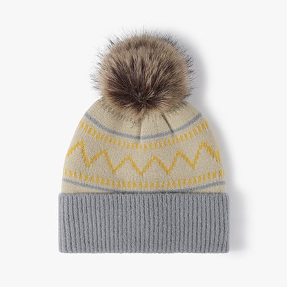 Splicing Striped Padded Knit Pom Beanie