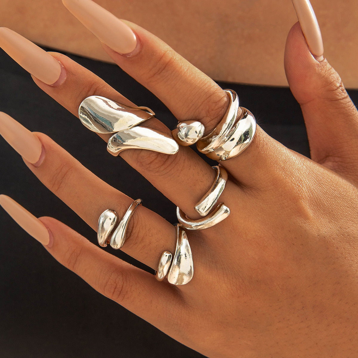 Geometric Hollow Statement Ring Set Stylish Mixed Metal Rings