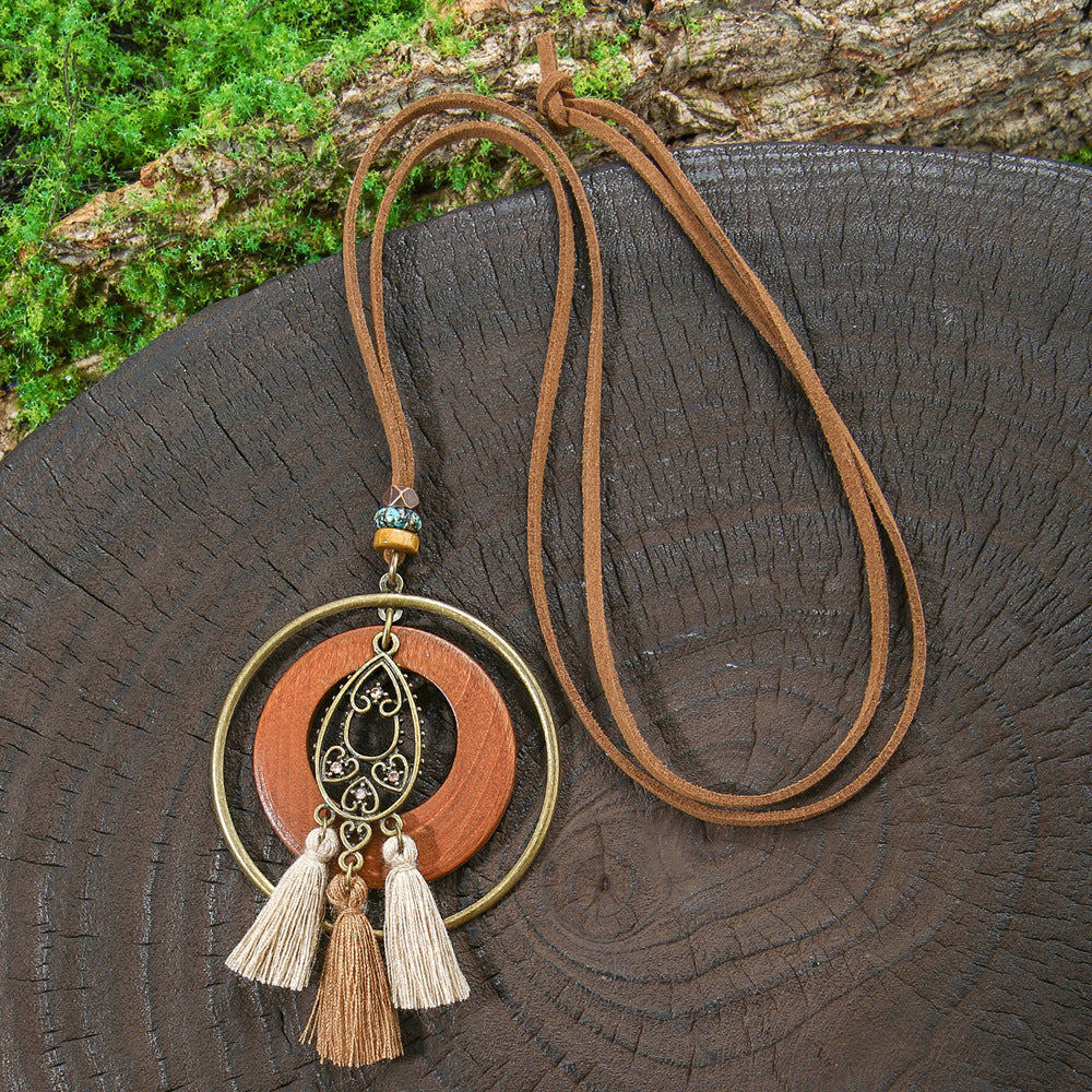 Bohemian Long Necklace with Tassels and Geometric Shapes