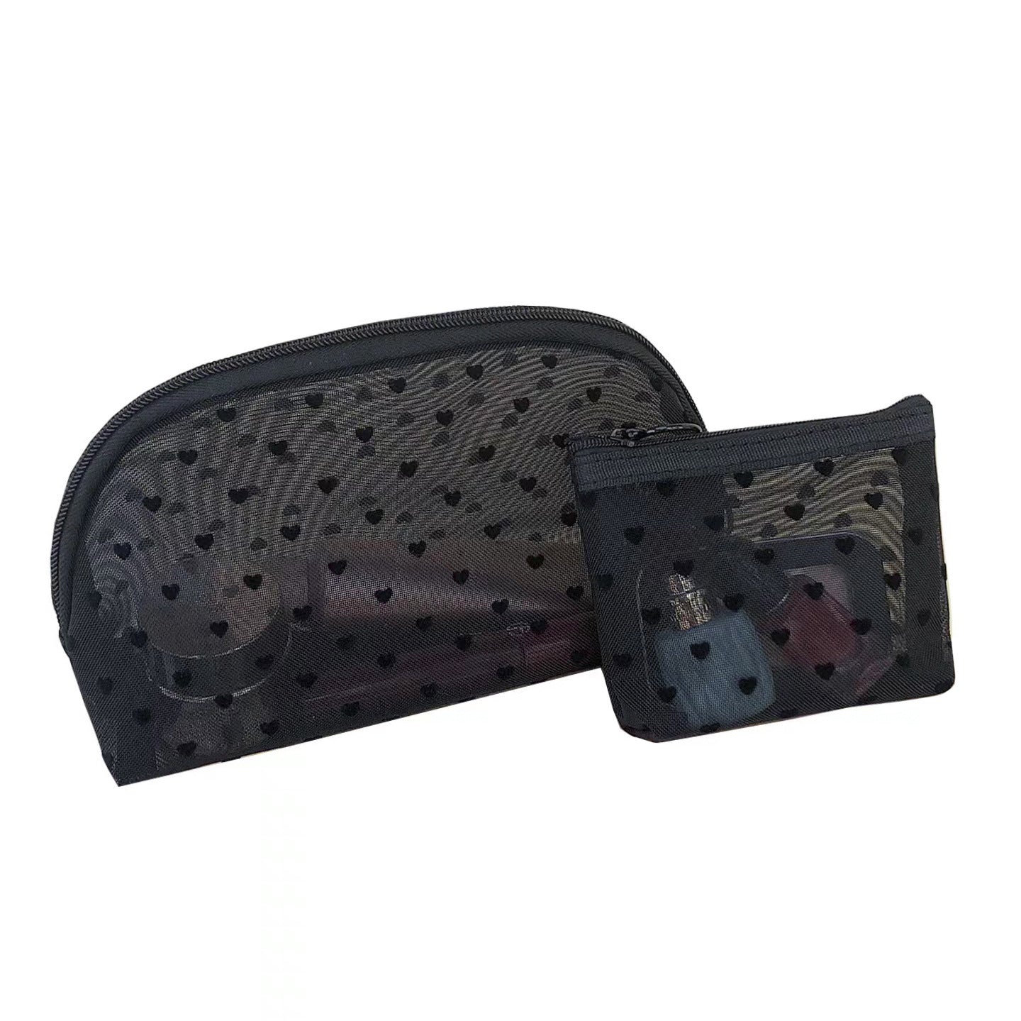 Black Heart Velvet Mesh Makeup Organizer Bag