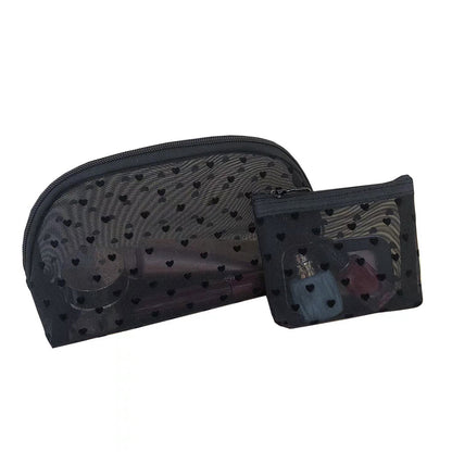 Black Heart Velvet Mesh Makeup Organizer Bag