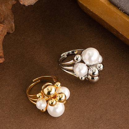 Adjustable Open Pearl Ring For Women In Gold Plated Fashion