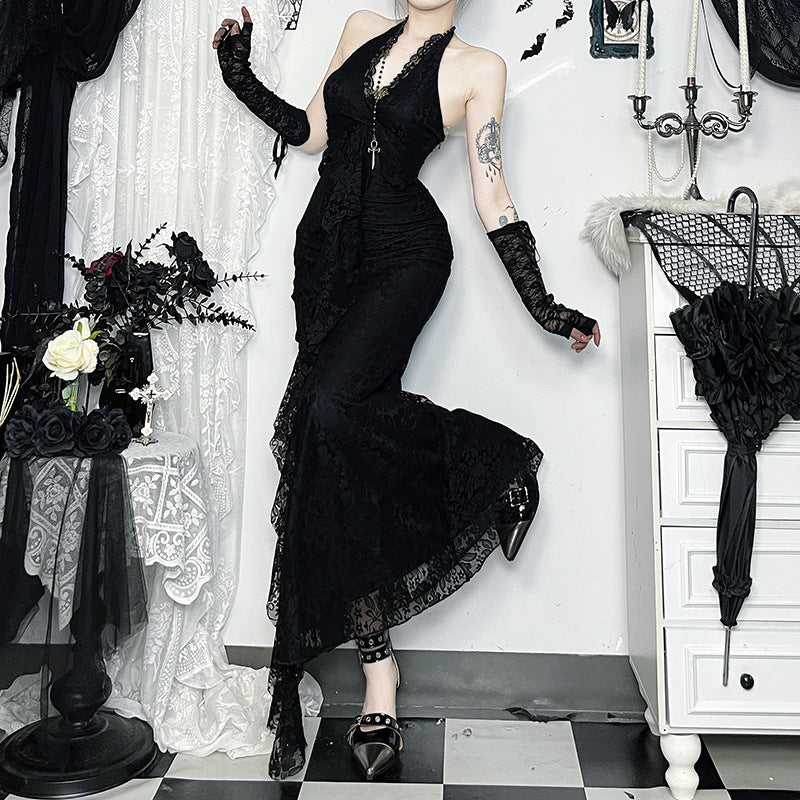 French Vintage Lace Maxi Dress Summer High Waist Bodycon