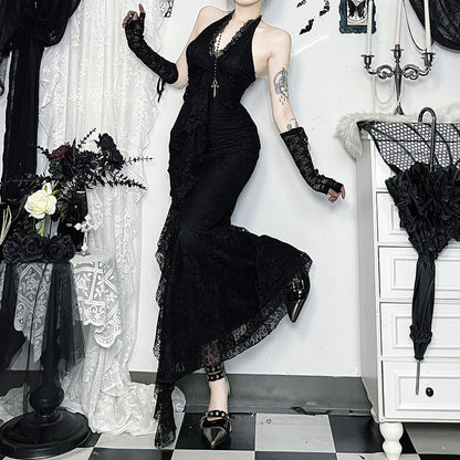 French Vintage Lace Maxi Dress Summer High Waist Bodycon