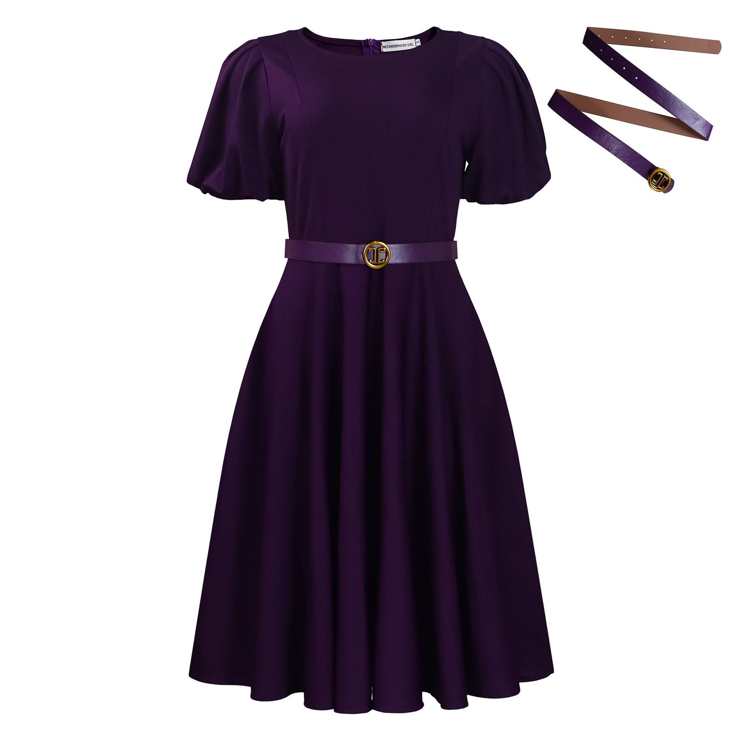 Elegant High-Waist A-Line Dress With Puff Sleeves