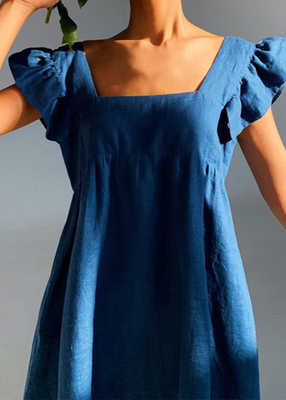 Linen Mini Dress With Flutter Sleeves And Square Neckline
