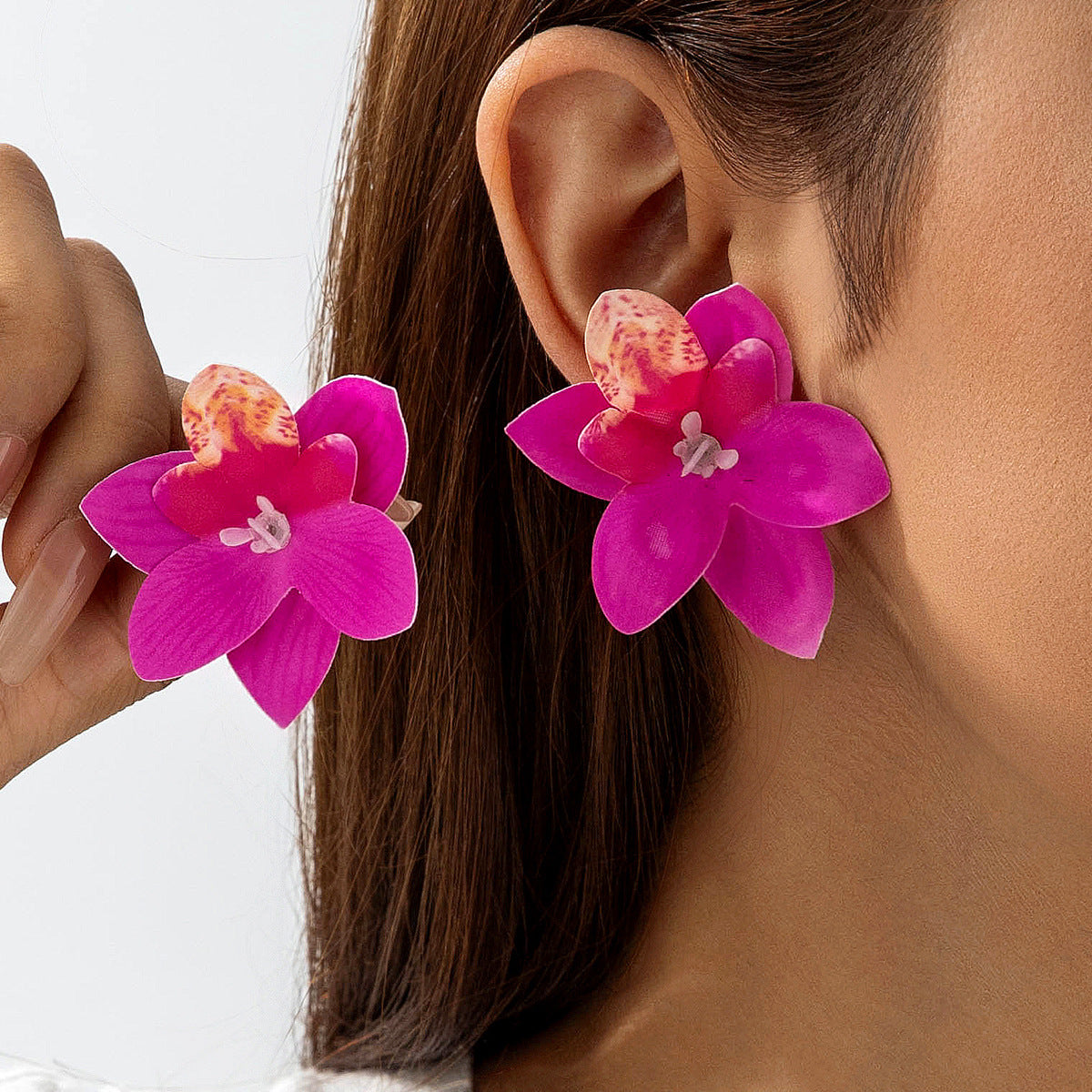 Bohemian Style 3D Orchid Flower Earrings Handmade Statement Jewelry