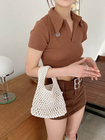 Stylish Woven Tote Bag Cotton Rope Handbag Weekend Casual