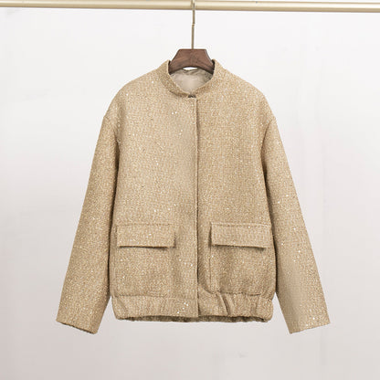 Sequin Detail Stand Collar Jacket Stylish Casual Outerwear