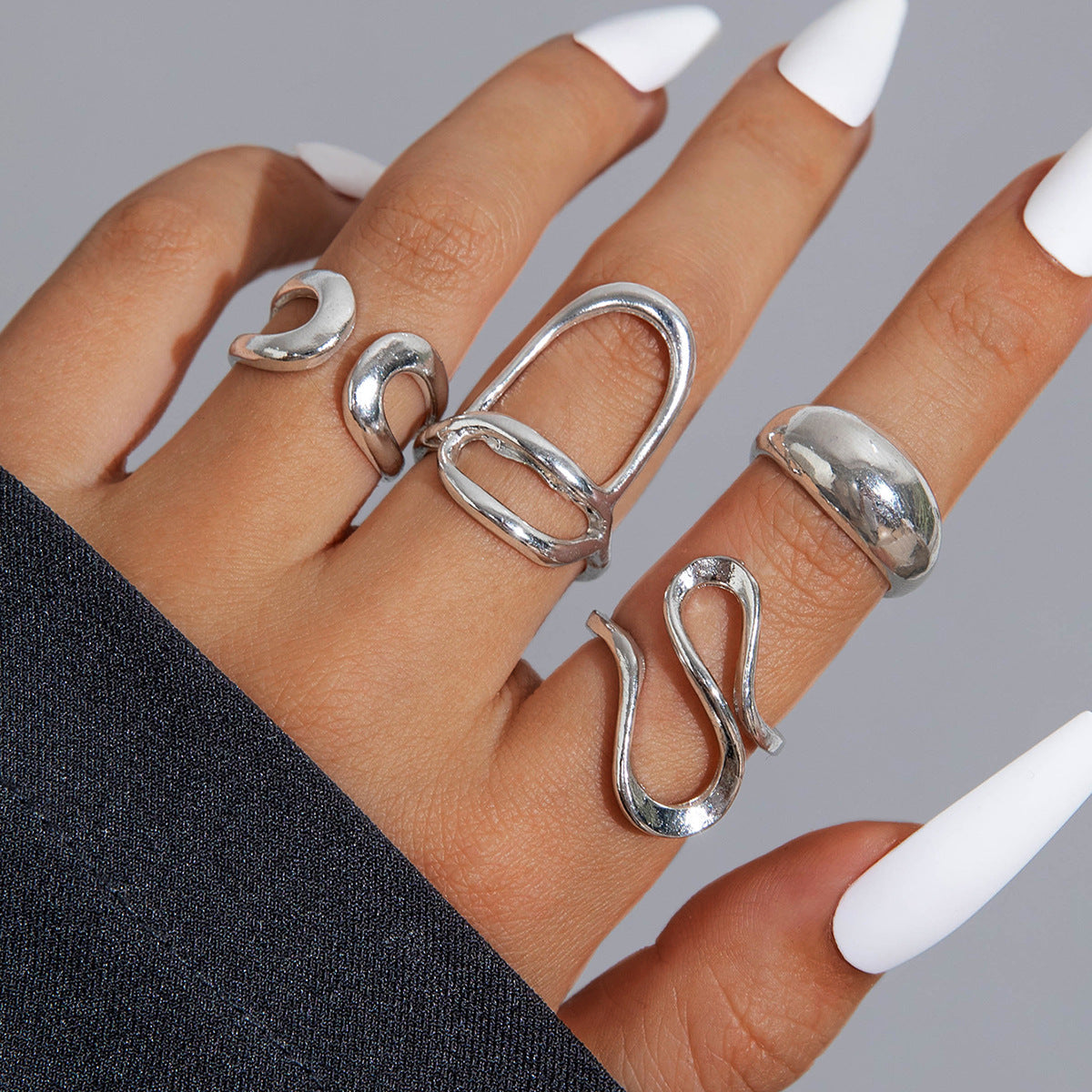 Elegant Irregular Geo Cutout Arc Ring Set - 4 Pieces