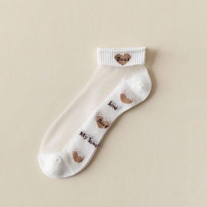 Rufia -  Breathable Sheer Ankle Socks with Bear Pattern