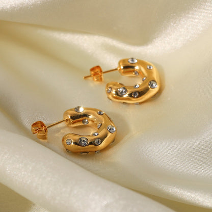 Colorful Zircon Pearl C-Shaped Stud Earrings