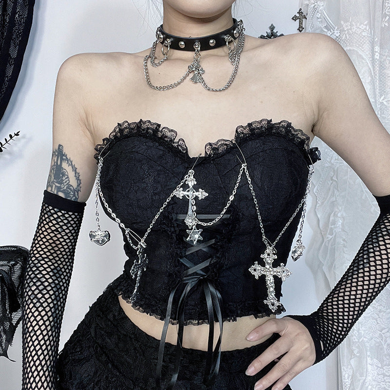 Sexy Gothic Strapless Top with Lace and Chains