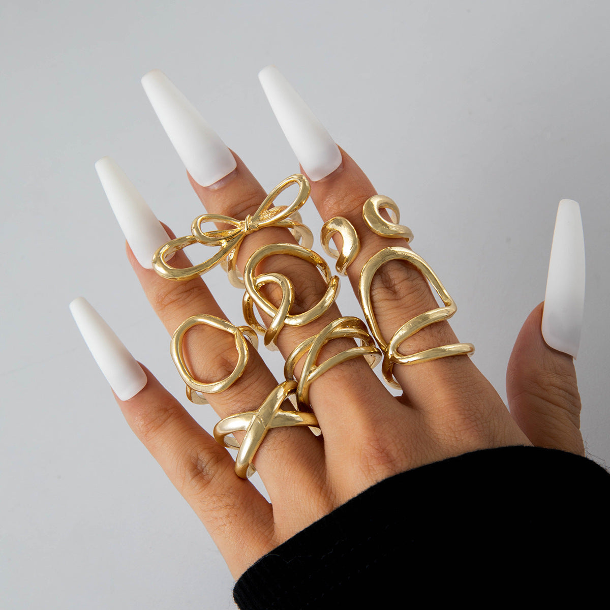 Elegant Irregular Geo Cutout Arc Ring Set - 4 Pieces