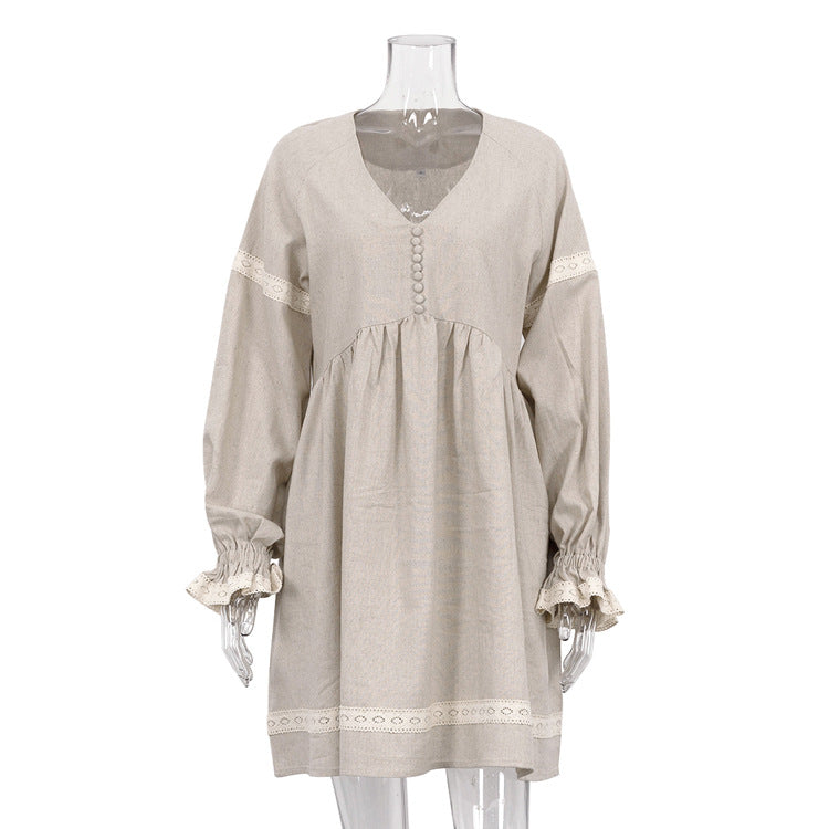 French Style V-Neck Lantern Sleeve A-Line Dress Casual Cotton Linen Blend