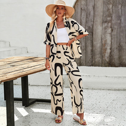 Bohemian Printed Casual Short Sleeve Pants Set