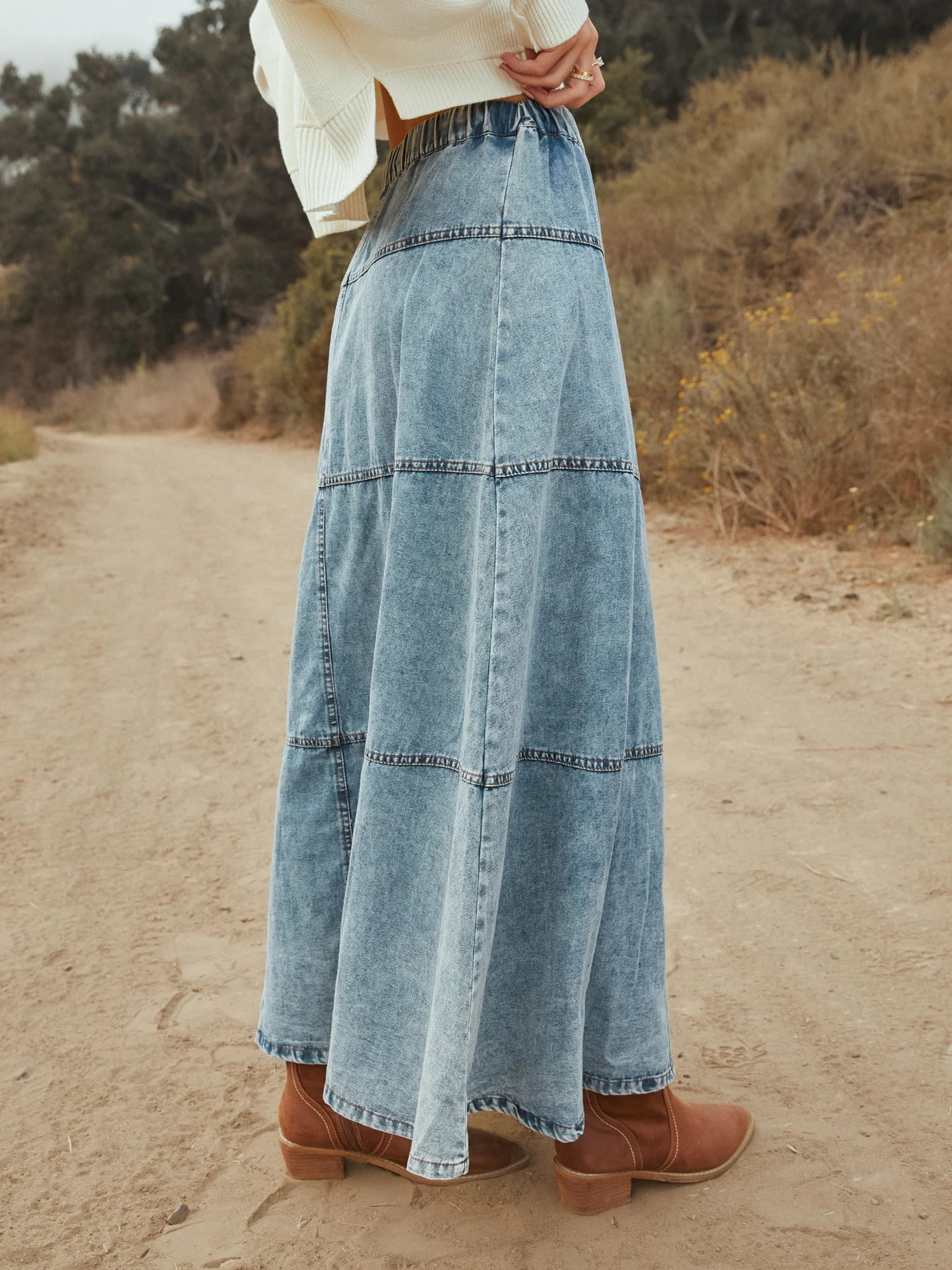 Bohemian Layered A-Line Denim Skirt for Women