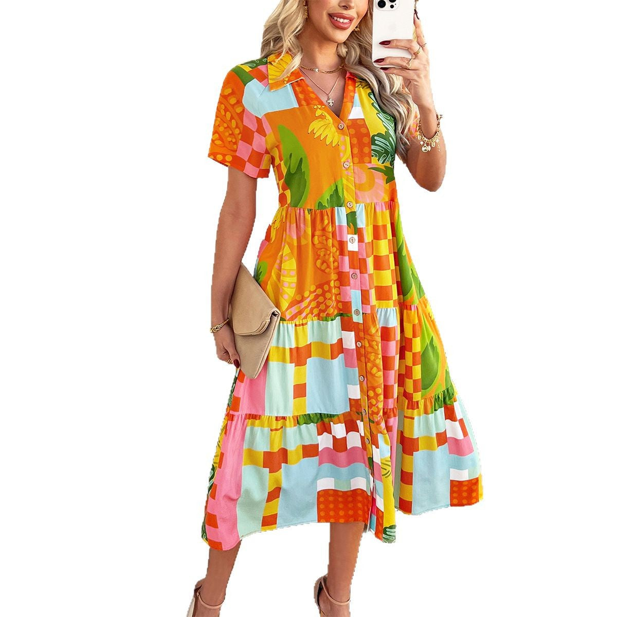Bohemian High-Waisted Geometric Color-Block Maxi Dress