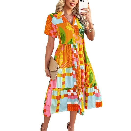 Bohemian High-Waisted Geometric Color-Block Maxi Dress