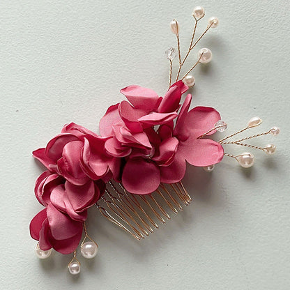 Bridal Red Flower Fabric Pearl Hair Comb Wedding Accessory