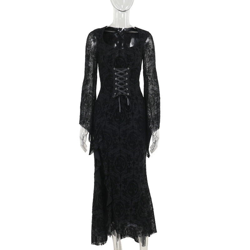 Elegant Black Velvet Long Sleeve Dress with Cross Design