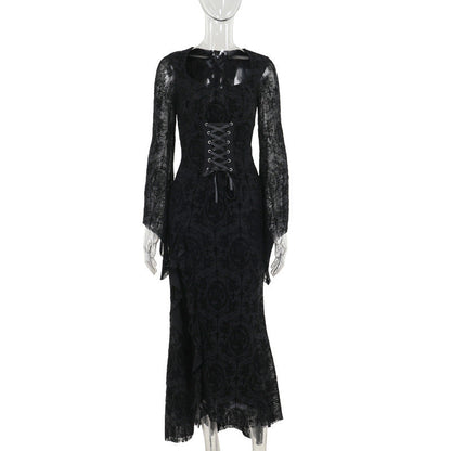 Elegant Black Velvet Long Sleeve Dress with Cross Design
