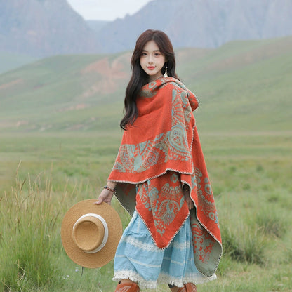 Tibetan Great Retro Totem Red Warm Outer Shawl Women'S Scarf Autumn And Winter Cloak Big Cloak