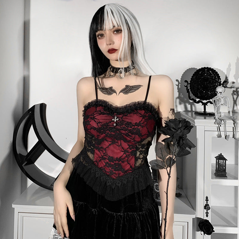 Dark Gothic Lace Cami Top with Cross Design