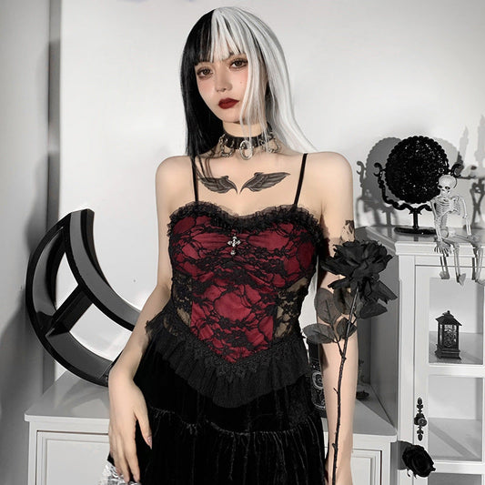 Dark Gothic Lace Cami Top with Cross Design