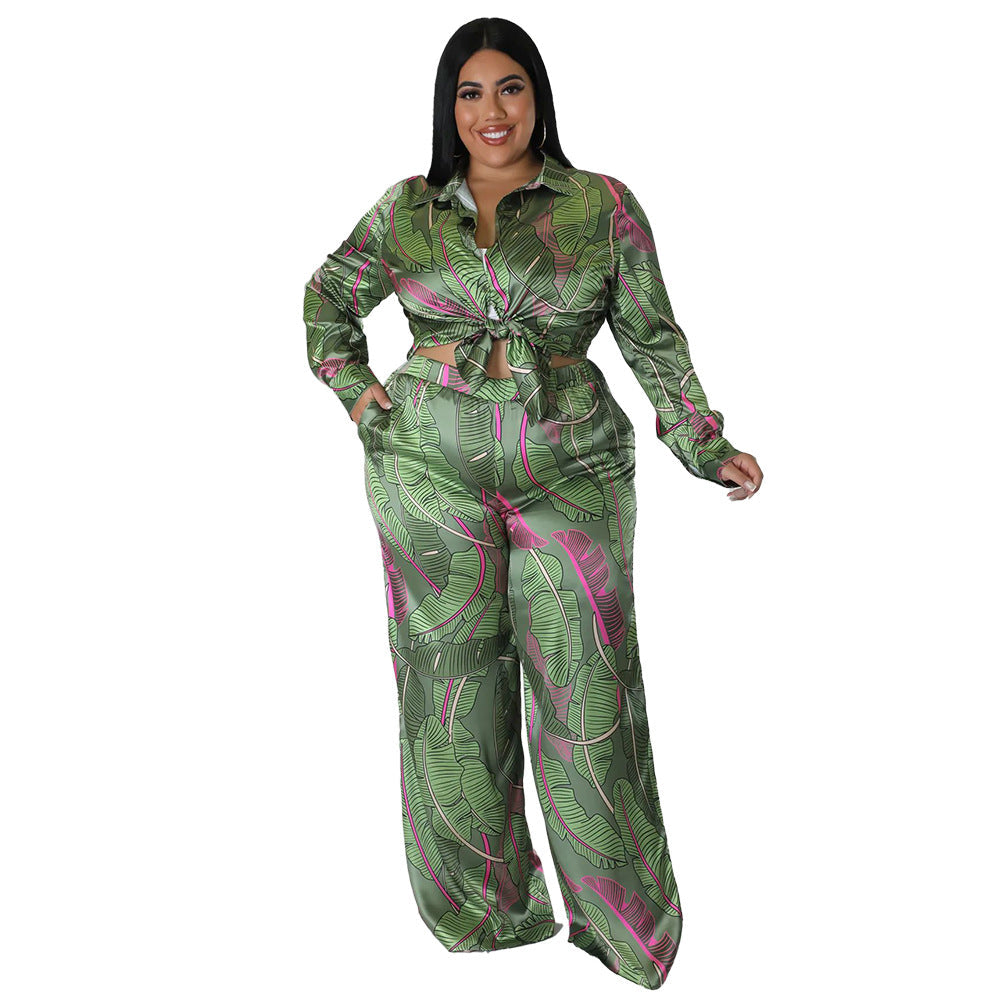 Plus Size Floral Print Silk Feel Long Sleeve Outfit