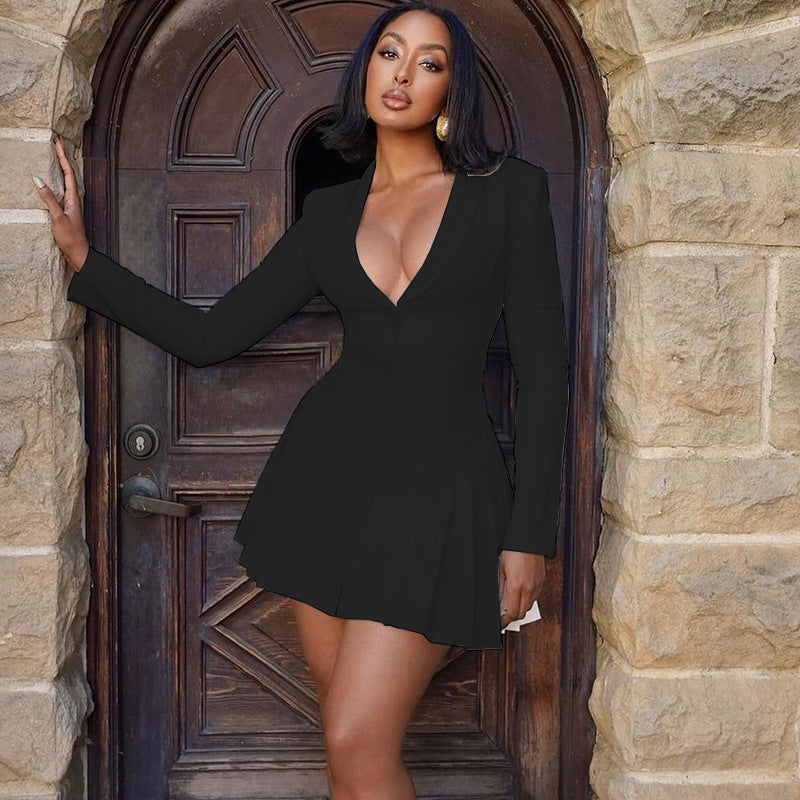 Button-Up Pleated Dress V-Neck Long Sleeve Casual Dress