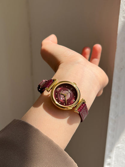 Trendy Round Dial Leather Strap Quartz Watch