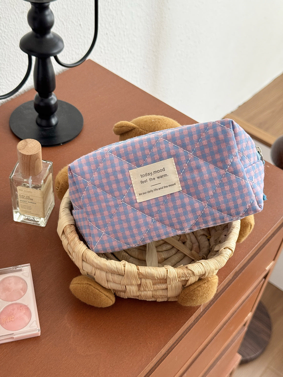 Color Block Plaid Makeup Bag Stylish Quilted Storage Organizer