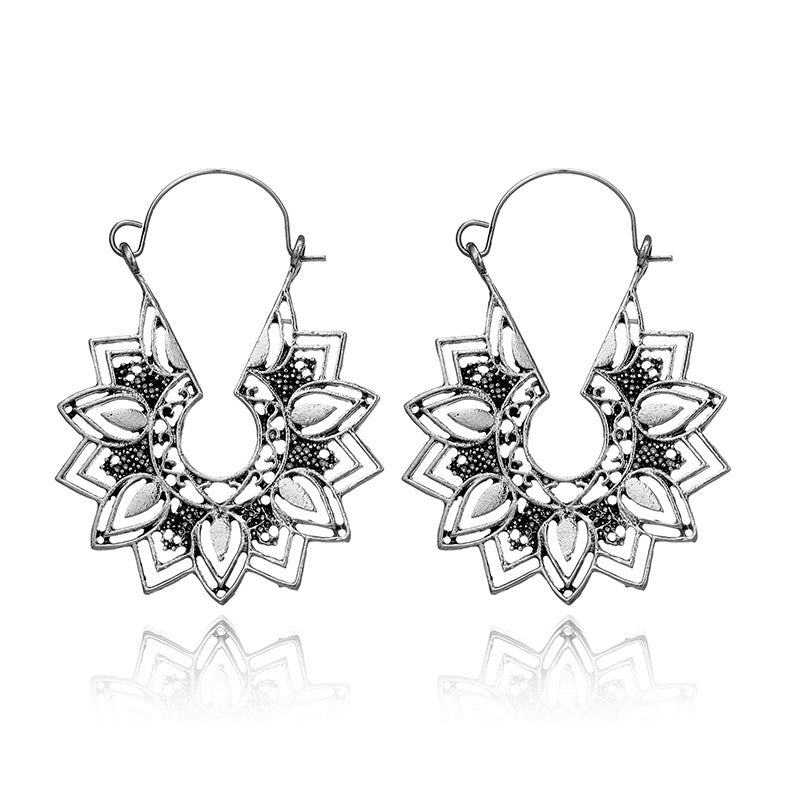 Vintage Geometric Metal Hoop Earrings With Floral Patterns