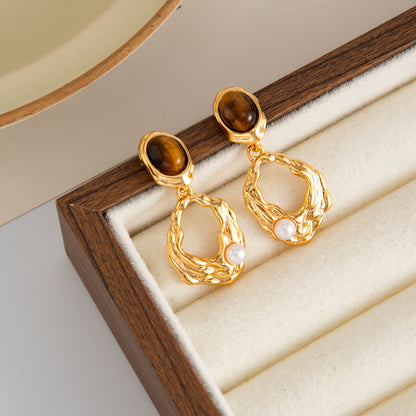 Geometric Tiger Eye Stone Earrings Trendy Alloy Metal Studs
