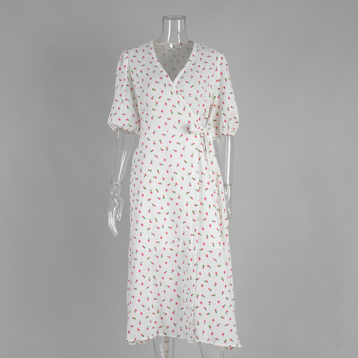 Cotton Floral Print A-Line Dress With V Neckline And Puff Sleeves
