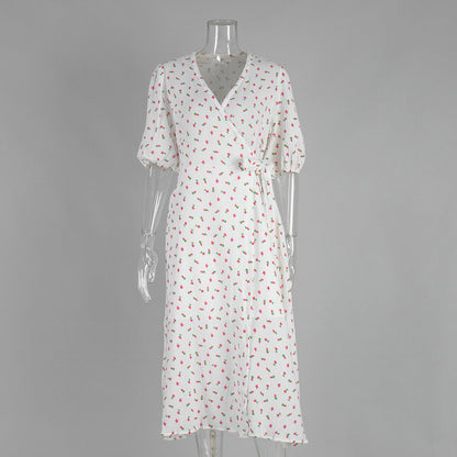 Cotton Floral Print A-Line Dress With V Neckline And Puff Sleeves