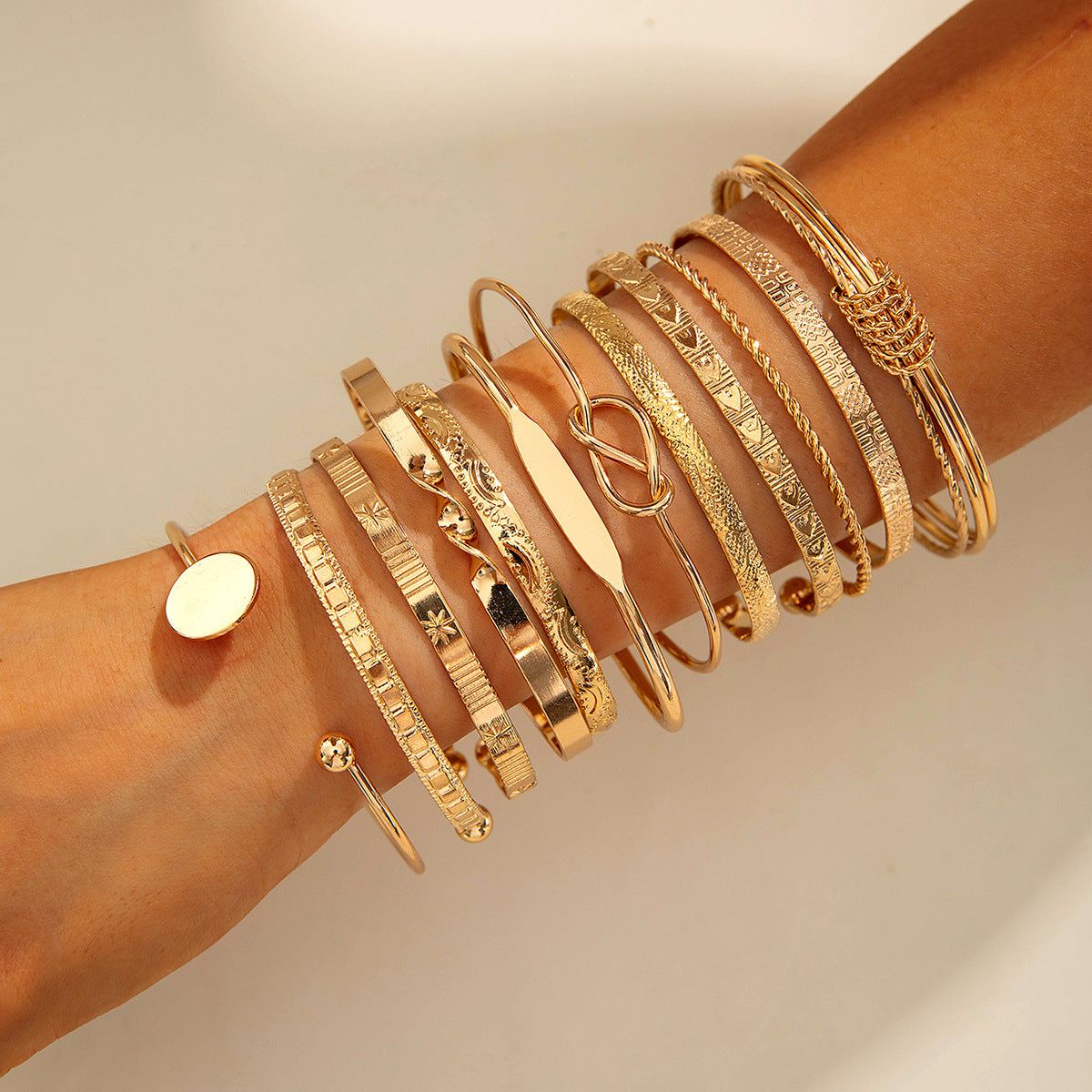 Vintage Geometric Open-Cuff Gold Bracelet Set