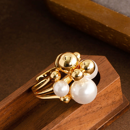 Adjustable Open Pearl Ring For Women In Gold Plated Fashion